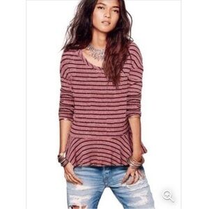 WE THE FREE Auntie Em Striped Waffle Knit Thermal Peplum Long Sleeve Top M Pink